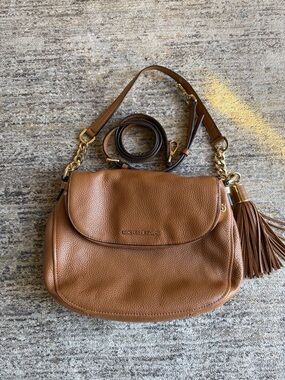 Michael Kors Tan Pebbled Leather Shoulder Bag with Tassel Charm